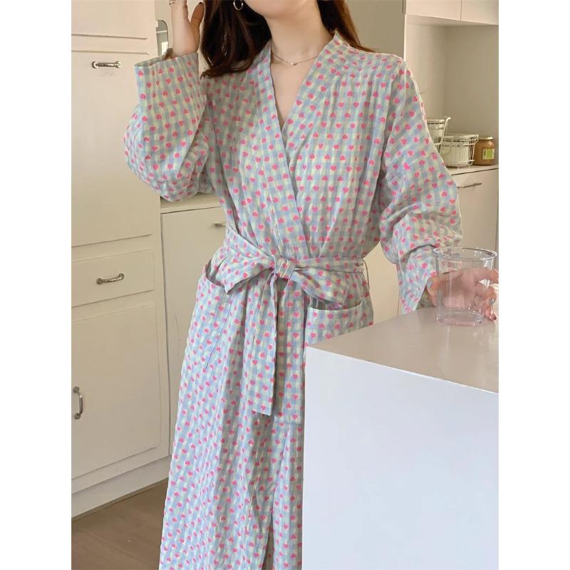 Bathrobe Women's Bathing Plaid Loose Long Sleeve Long Kimono V-neck Lace Up Trousers Nightgown Sexy Robe