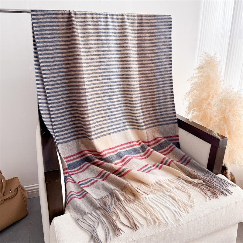 68*206Cm Big Size Winter Women Warm Scarf Thicken Stripe Shawl Imitation Cashmere Travel Pashmina Neckerchief Foulard