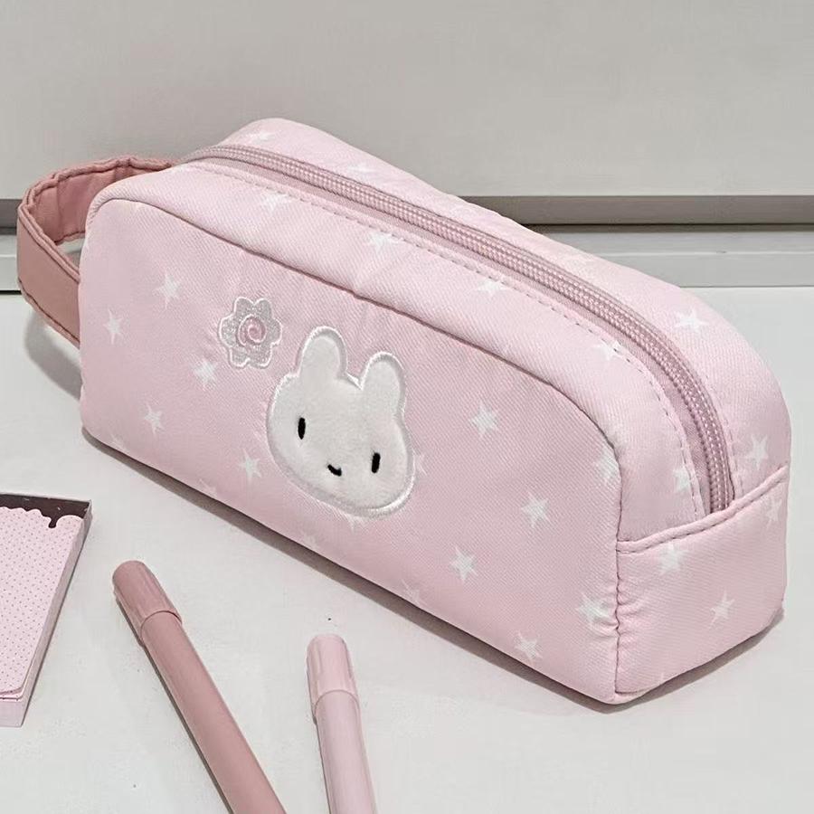 Multifunctional Pink Pen Bag Star Rabbit Pattern Handheld Pencil Case Zipper Design Large Capacity Stationery Organizer Students