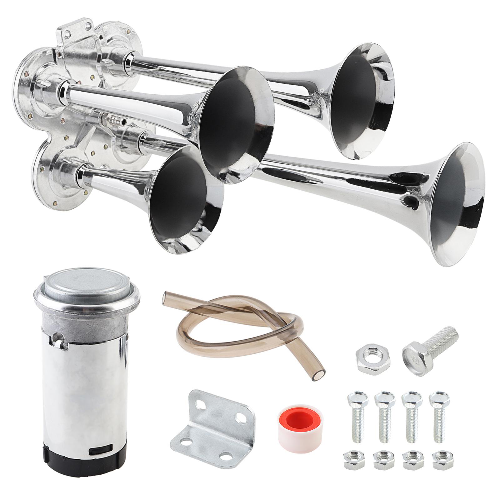 

12 В 185 дБ Четырехтональный пневматический сигнал с компрессором - Серебристый музыкальный звук для грузовиков / автомобилей