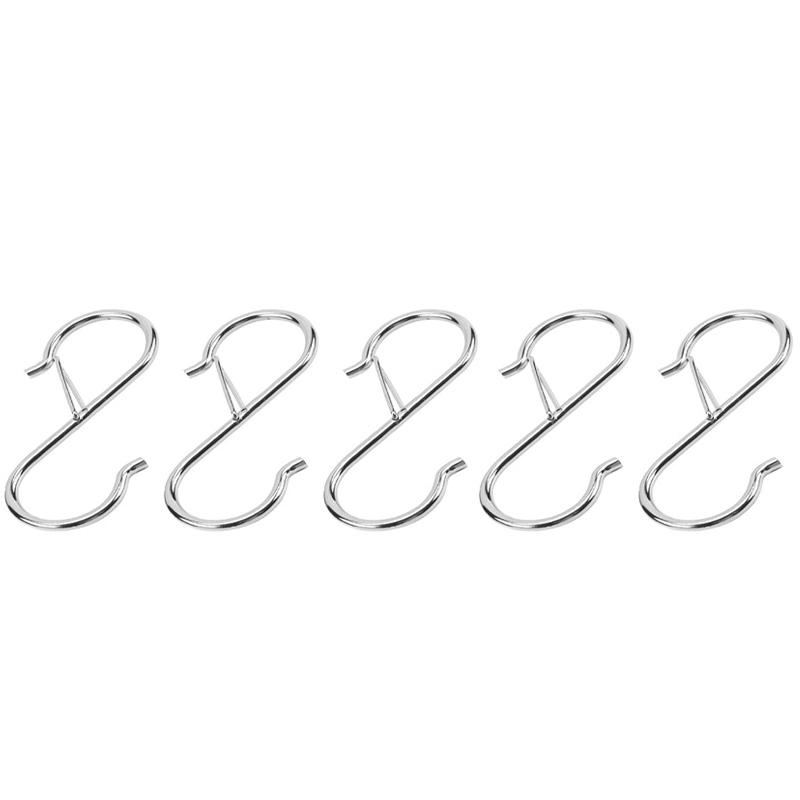 5PCS S-Shaped Hook with Safety Buckle Black Silver Metal Hook for Outdoor Flower Baskets Kitchen Utensil Bedroom Clothes Storage