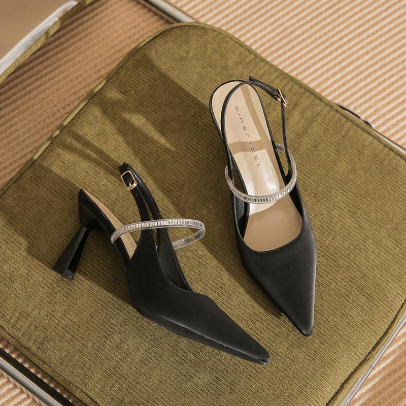 75711 [sheepskin] Pointed High Heels Women's Thin Heels 2025 Summer New Bag Head Empty Word with Sandals