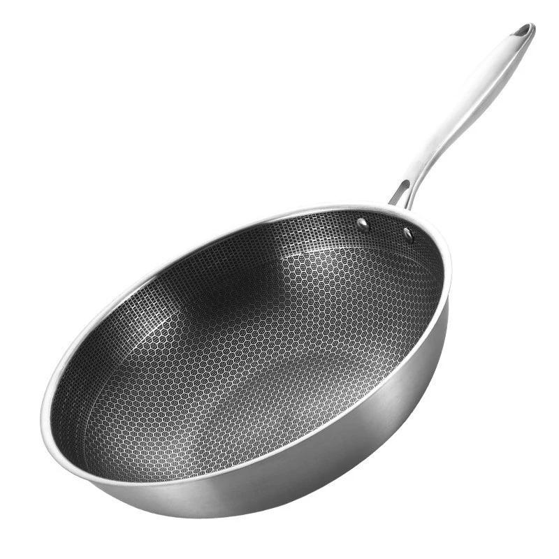 430 Stainless Steel Wok Skillet Thick Honeycomb Handmade Frying Pan Non-Stick Non Rusting Gas/Induction Cooker kitchen cook