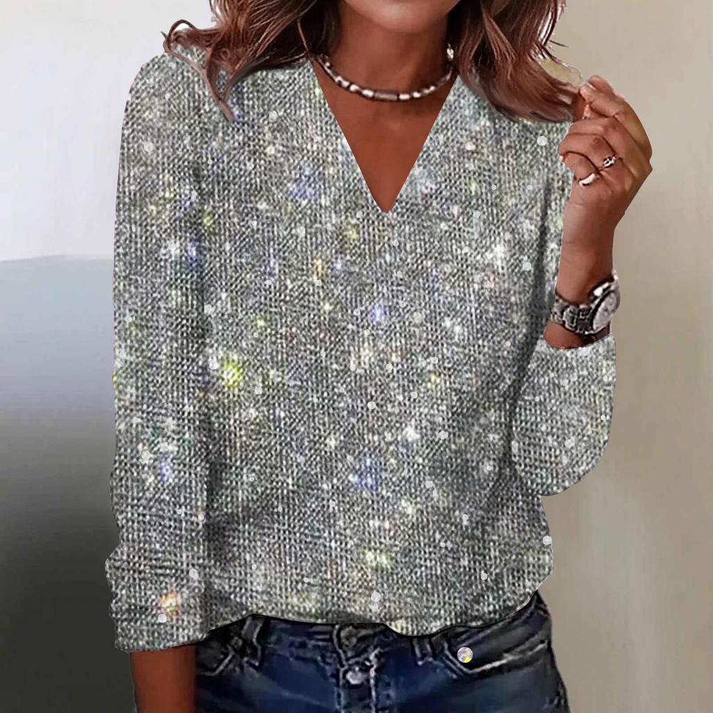 Women's Printed V-neck Long Sleeved T-shirt Pullover Top