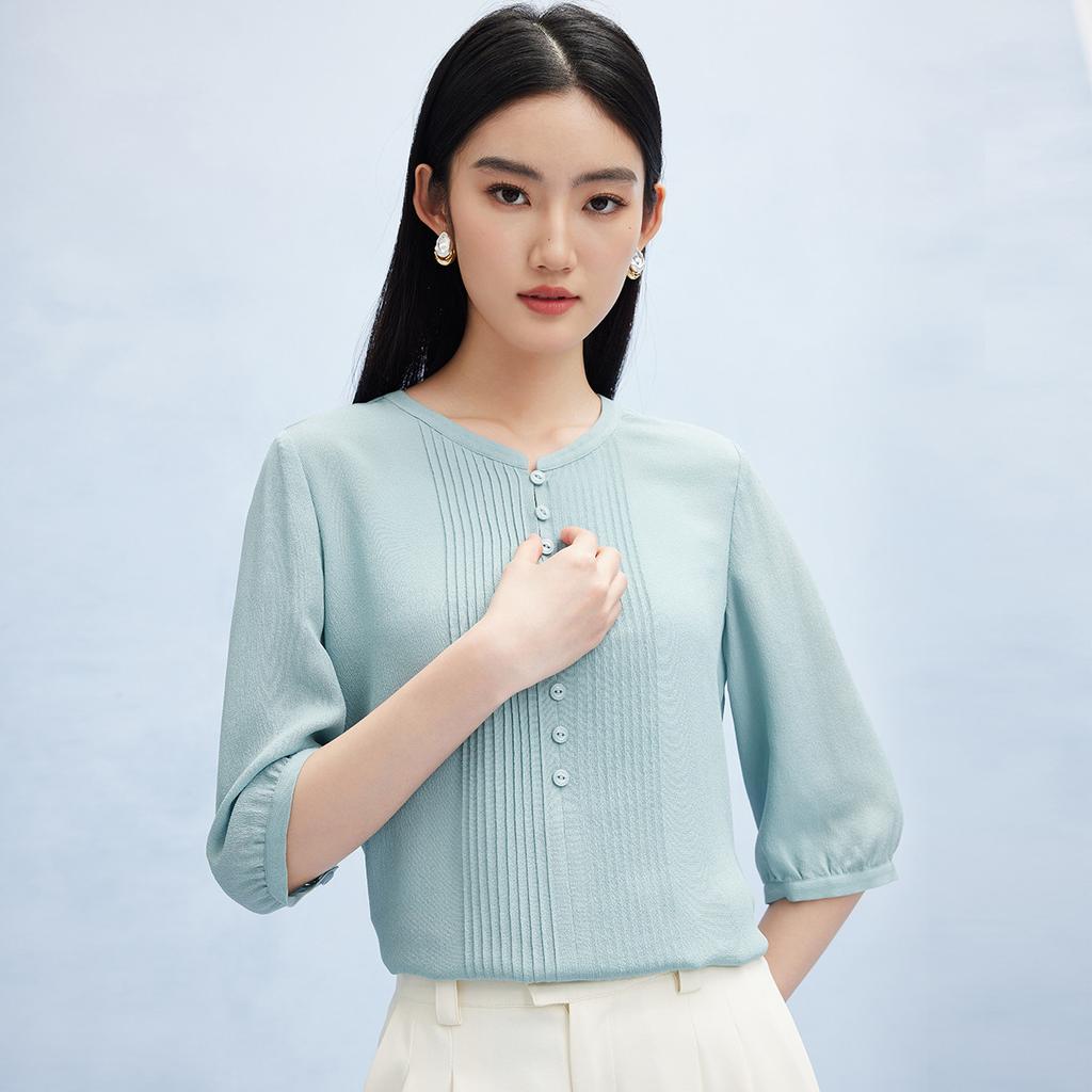 Selected Silk Ghost Crepe Summer Round Neck Organ Fold Design Solid Color Heavy Weight Mulberry Silk T-shirt for Women