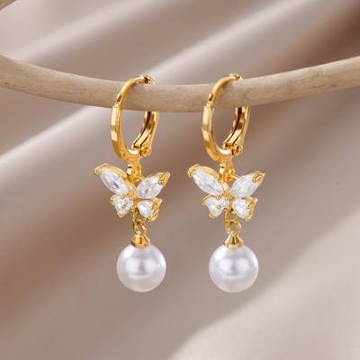 Butterfly Stainless Steel Simulation Pearl Earrings for Women Piercing Earring Aesthetic Jewelry Gift