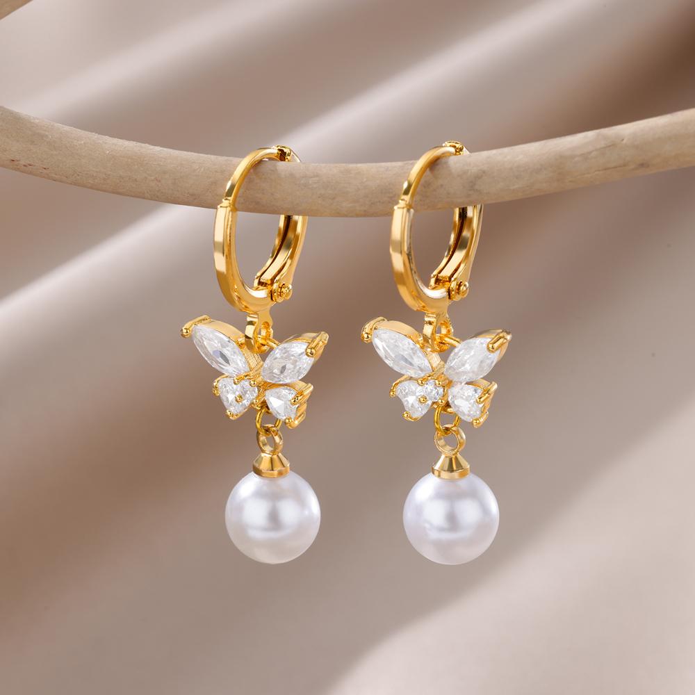 Butterfly Stainless Steel Simulation Pearl Earrings for Women Piercing Earring Aesthetic Jewelry Gift