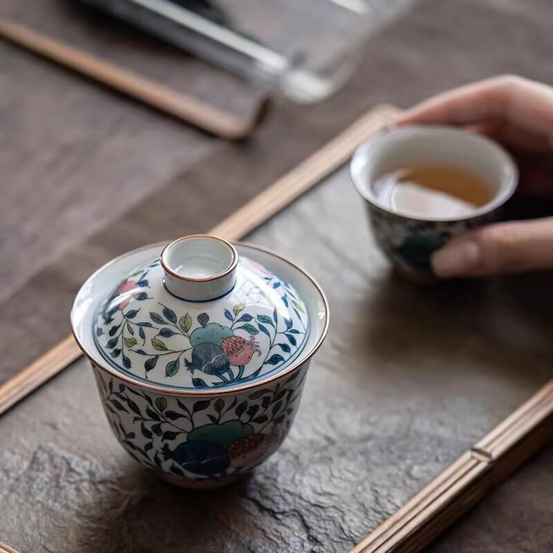 Antique Green Glaze Sancai Cover Bowl, Teacup, Household Ceramic Tea Bowl, Kung Fu Tea Set, Plant Ash, Tea Bowl, Tea Dispenser