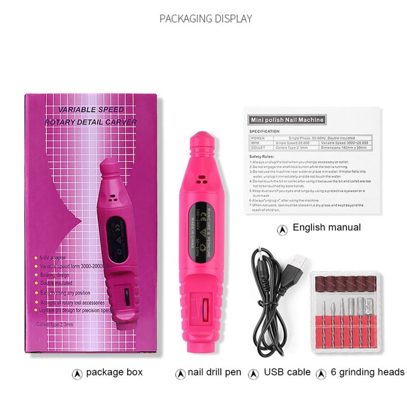 USB Electric Nail Drill Pen + Grinding Head Wheel Manicure Machine Set Gel Remover Sanding Polishing