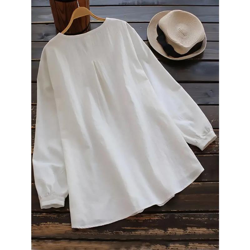 Loose Cotton Linen Long Sleeve Pleated Round Neck Plus Size Women S Shirt