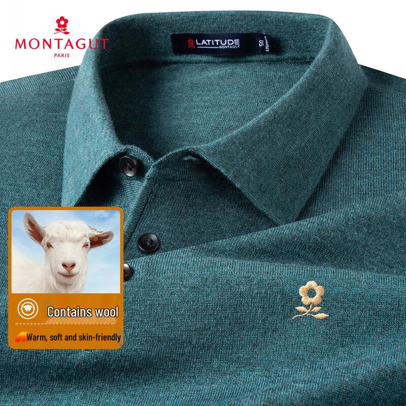 MONTAGUT Men's Wool Blend Embroidered Long Sleeve Polo Shirt