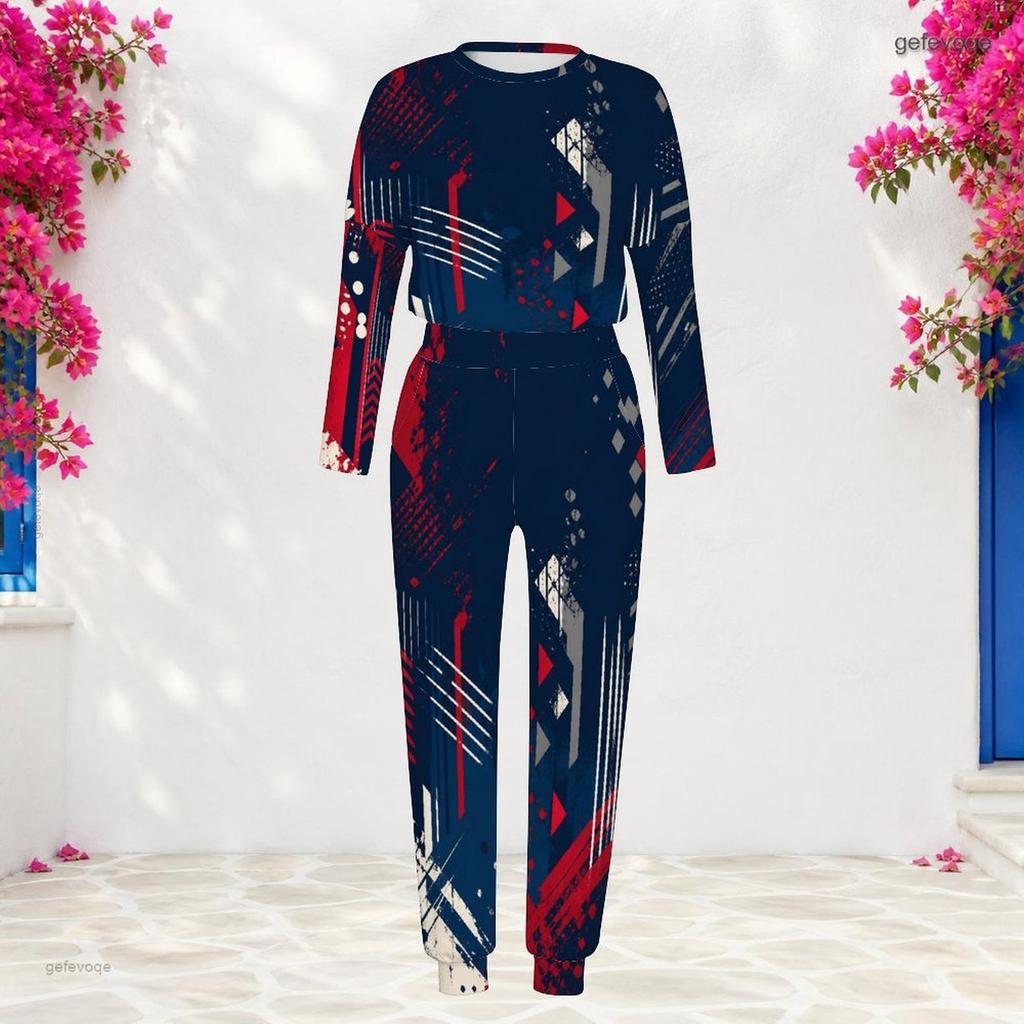 Women Plus Size Round Neck Long Sleeve Navy Printed Two Piece Set Cuffed Top Cuffed Pants With Pockets
