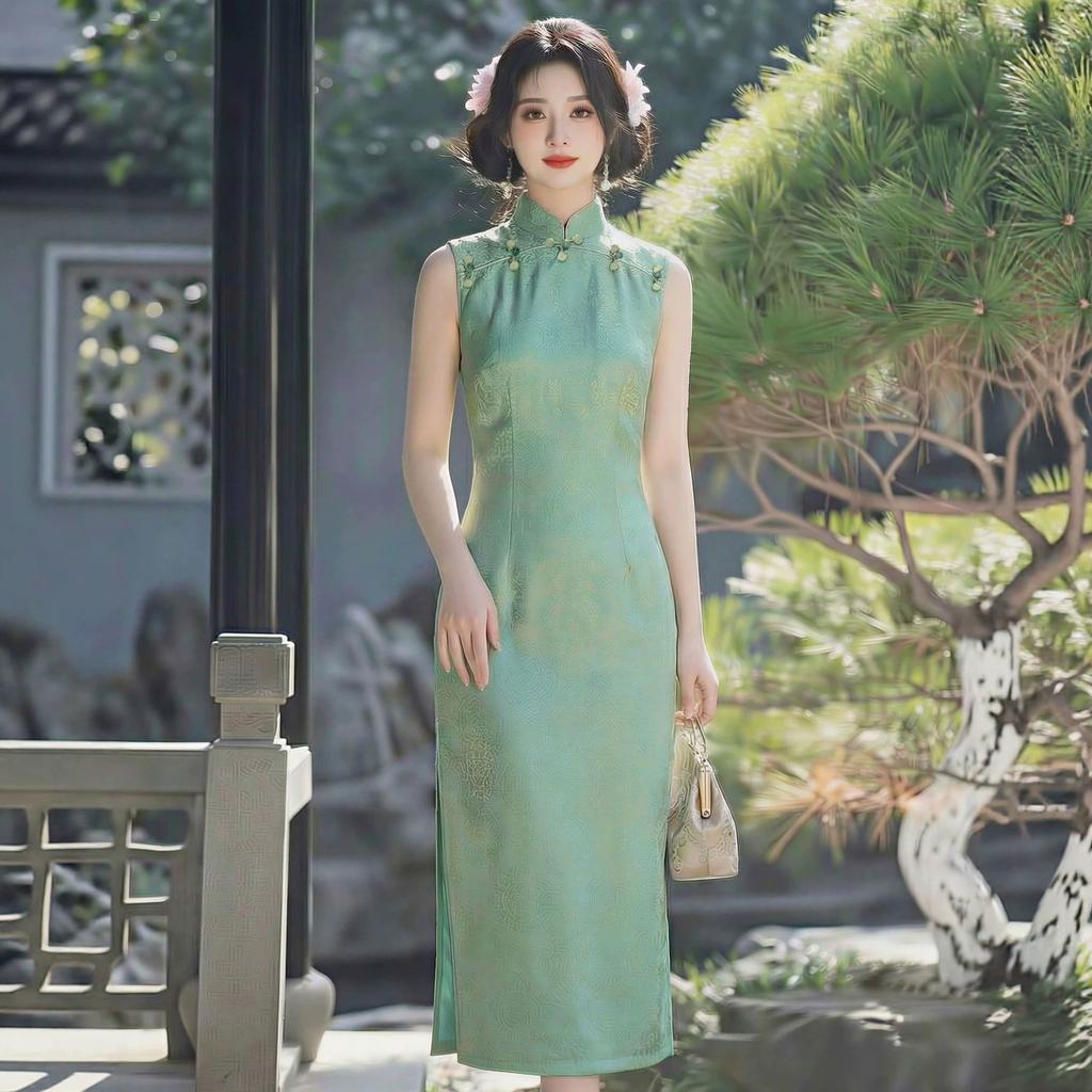 New Chinese green 1 new improved cheongsam femininity daily sleeveless long thin national style dress