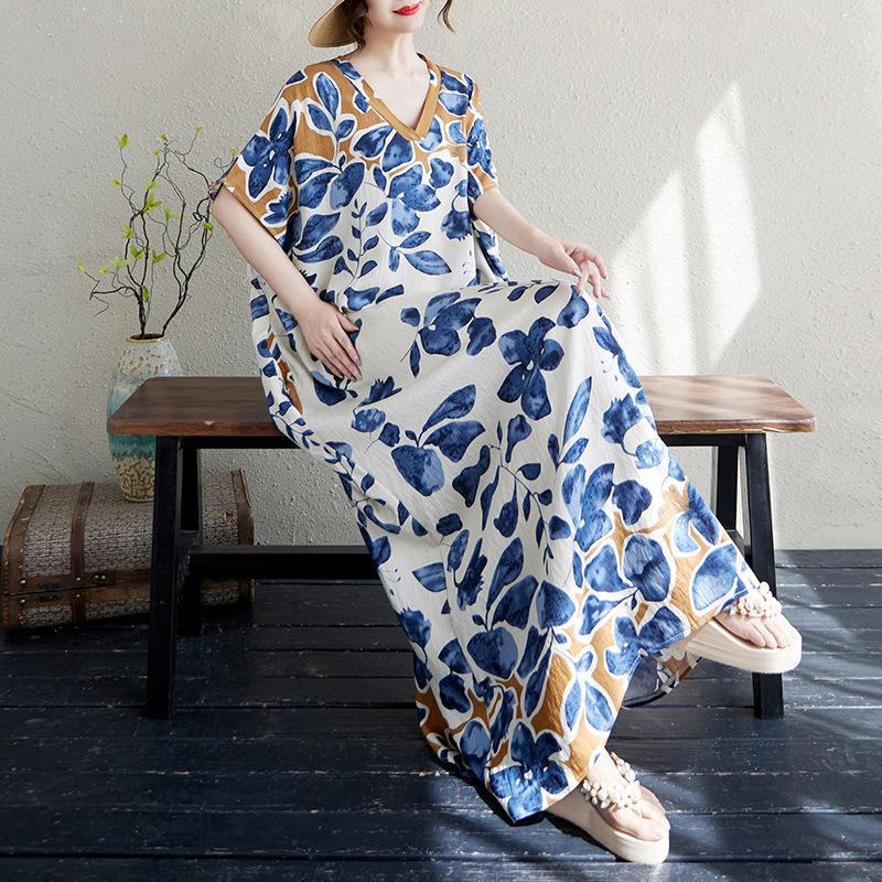 Summer New V-neck Color Slim Bohemian Vacation Vacation Vacation Dress 125kg Extra Long Robe