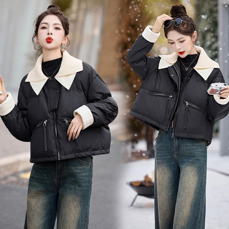 Women's short down cotton-padded jacket knitted lapel cotton-padded jacket versatile bread jacket small jacket