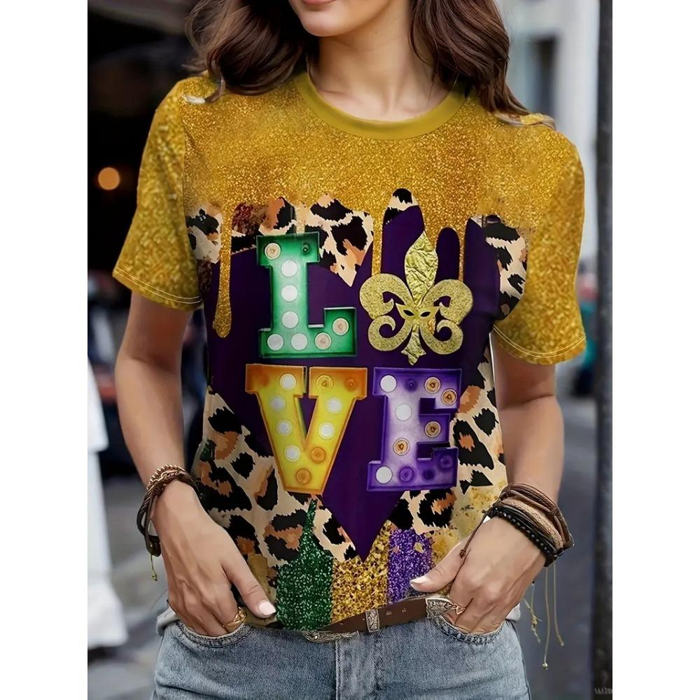 Full Print Women Mardi Gras Mask Pattern T Shirt Casual Short Sleeve Crew Neck Tees Shirt New In Party Tshirts Women's Clothing