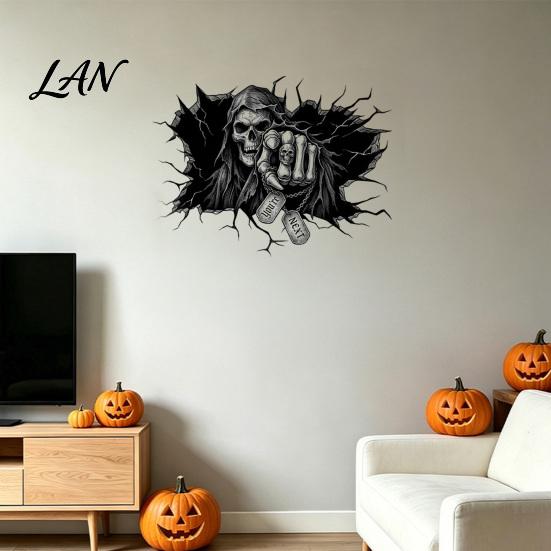 Haunted House Decoration Grim Reaper Wall Sticker, 3D Breaking Through Art Decal, Scary Halloween Decor Skull Mural for Home Bar Pub Party Supplies