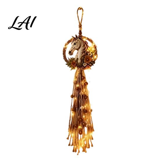 Unique Horse Head Craft Gift Farmhouse Wall Decor Boho Hanging Ornament with Wood Beads Natural Flax Rope Art Tassels Rustic for Living Room