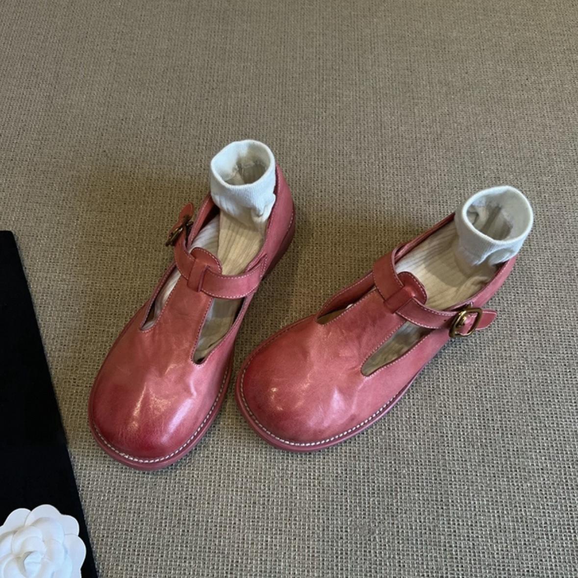 

Туфли Мэри Джейн из мытой кожи на толстом каблуке, весна 2025, новая версия из коровьей кожи, ретро, толстый каблук, круглая головка, полированные маленькие кожаные туфли 34 розовый