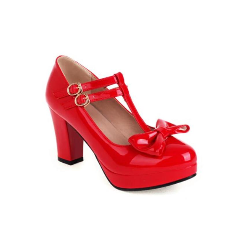 Women Mary Jane Shoes Lolita High Heels Bow T-Strap Platform Pumps Thick Heels Shoes Princess Wedding Party Shoes Plus Size33-46