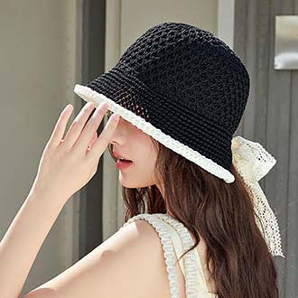 Temperament Knitted Bucket Hat Hollow Out Breathable Sunshade Basin Cap Solid Color French Style Sun Protection Cap Vacation