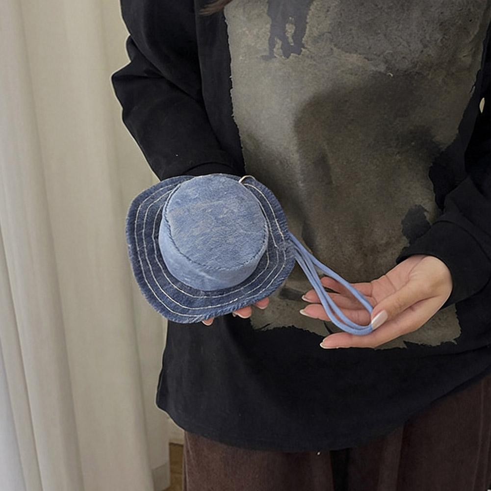 Denim Mini Hat Shape Wallet Portable Money Pouch Cute Novelty Headphone Bag with Hand-Held Strap Keychain Bag Decor Pendant Bag