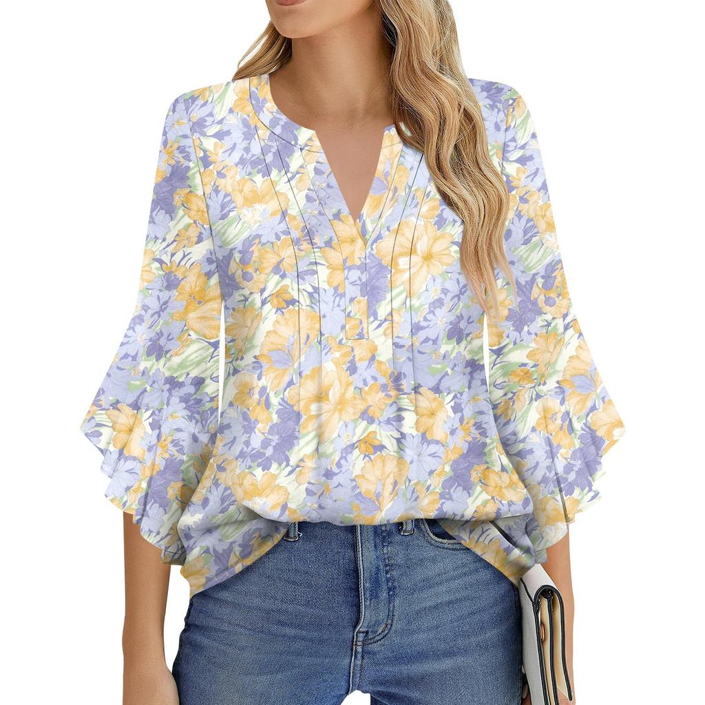 Dámská móda Ležérní plisované tričko s výstřihem do V, jednobarevné, tříčtvrteční rukáv, elegantní top