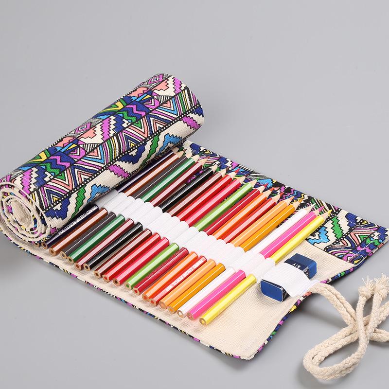 Miyuan Ethnic Style Canvas Roll-up Pencil Case - 12/24/36/48/72 Slots for Colored Pencils