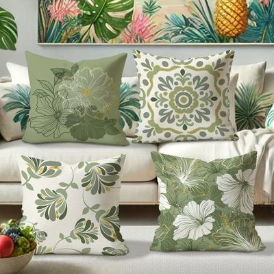 Funda de almohada de flor de hibisco de primavera verde y blancoAdecuada para sofá coche dormitorio funda de cojín decorativa funda de almohada