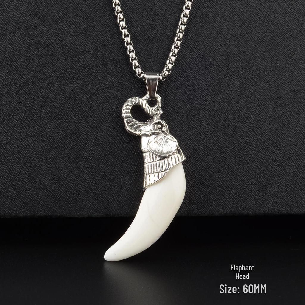 Men's Tibetan Faux Wolf Tooth Pendant Necklace, Titanium Steel Chain, Nepalese Style