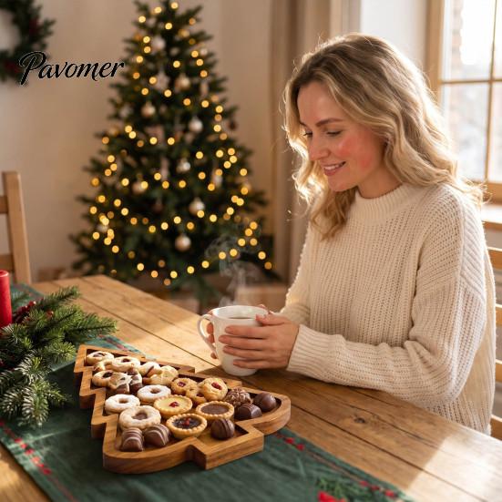 Solid Wood Appetizer Platter Christmas Tree And Elk Serving Tray, Durable Partitioned Wooden for Guests Food Platter, Decorative Dinnerware