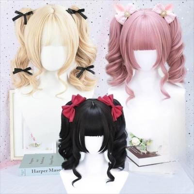 Harajuku blondýnka s dvojitým culíkem a ofinou, Halloween, krátké cosplay Lolita vlasy, syntetické paruky s ofinou pro dívku