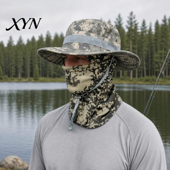 Quick-drying Hat Camouflage Sun with Balaclava Face Mask, UV Protection Men Wide Brim Hat, Breathable Bucket for Outdoor Fishing Hiking Cycling