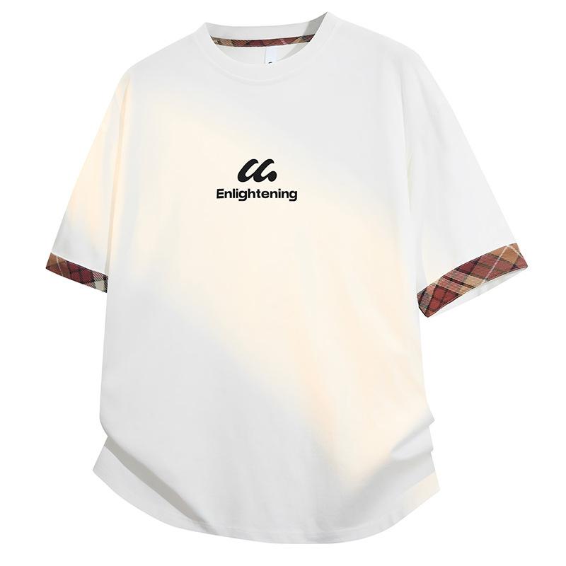 

Men s Retro Summer Contrasting Plaid Round Neck Short Sleeved T-shirt XXXXL белый