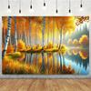 2D Plane Autumn Leaves Birch Trees and Golden Leaf Lake Background Fabric Party Decoration Polyester Fiber