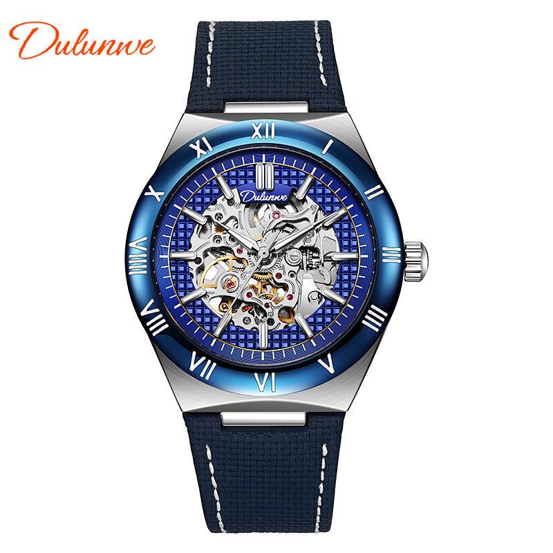 Dulunwe Skeleton Mechanical Watches Blue Roman Dial Watch for Men Automatic Watches Luxury Sports Waterproof Clock