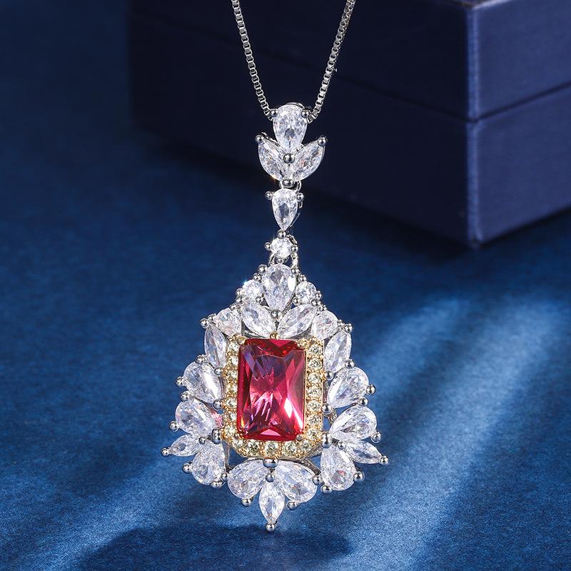 

Jewelry Copper Bottom Gold-Plated Simulation Red Glass Inlaid Pendant Ring Set Female Protagonist 8 * 12