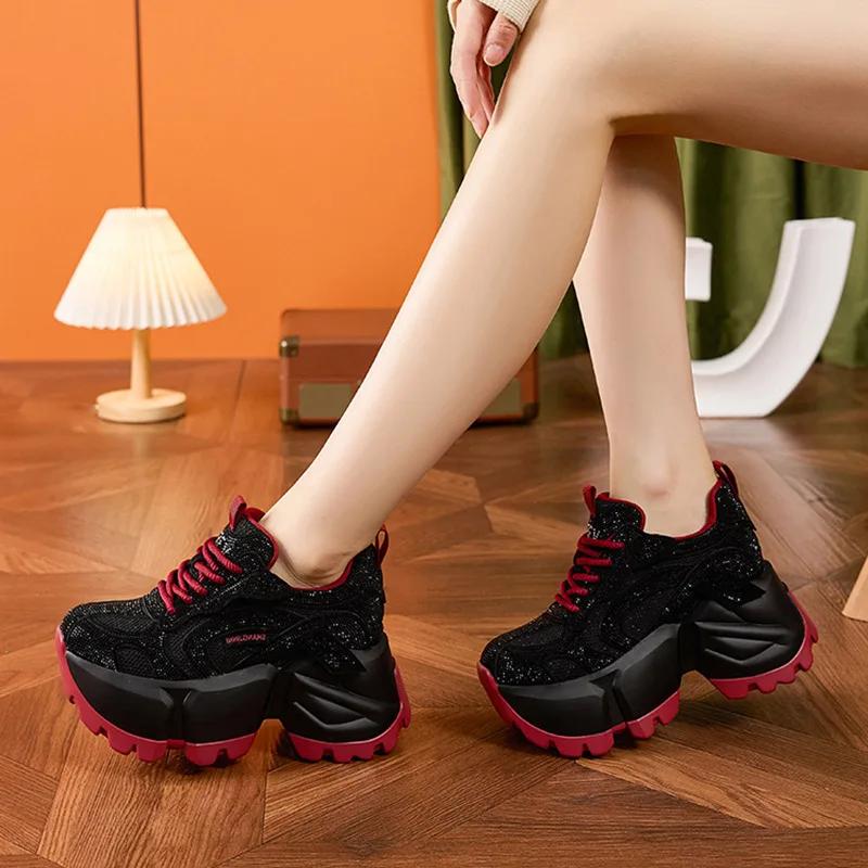 Fashion High Quality 11CM Microfiber Leather 2025 Spring Shoes Ankle Booties Women Vulcanize Chunky Sneakers Platform Wedge Bling Autumn