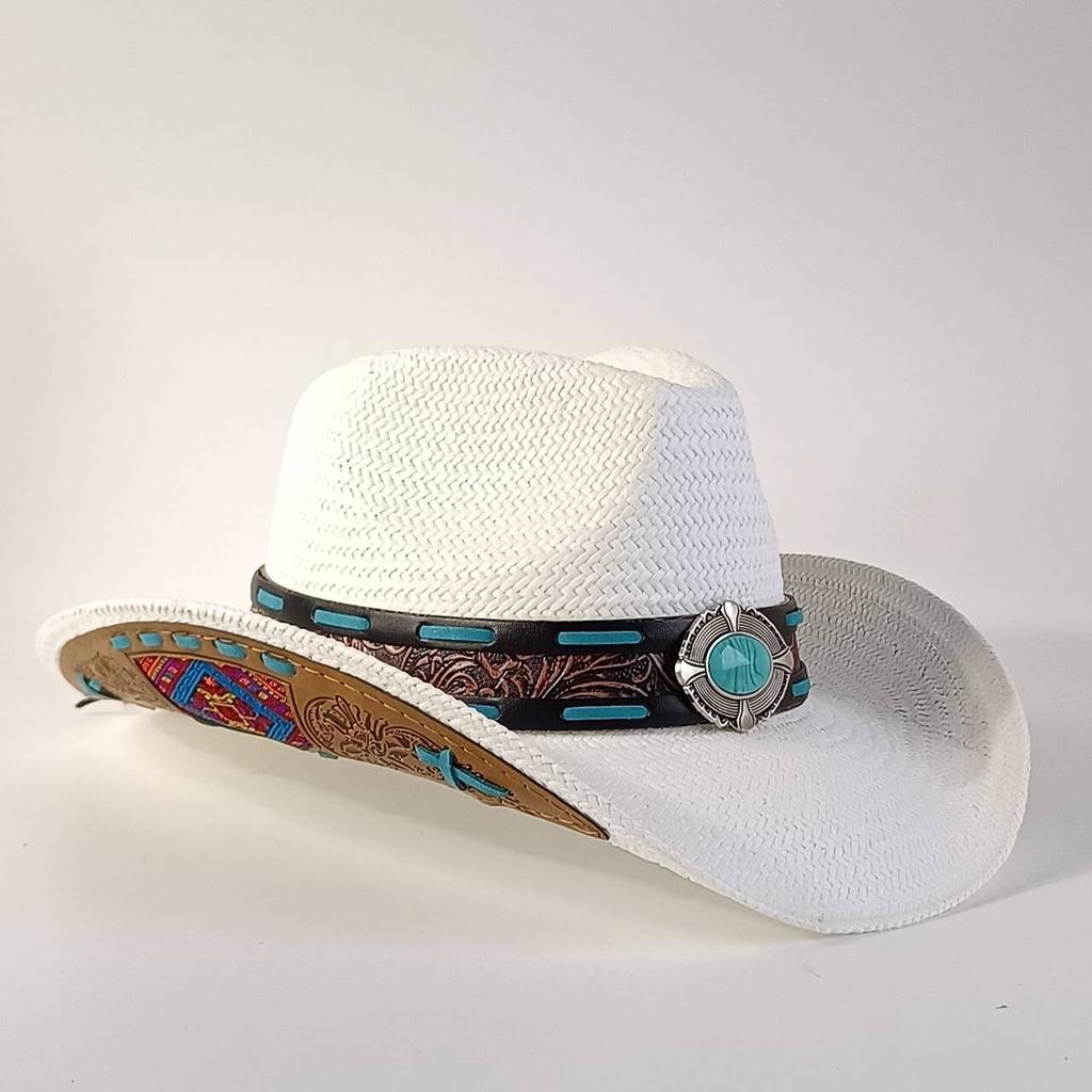 Sombrero de paja estilo western para hombre con hebilla decorativa turquesa sombrero de sol de ala ancha sombrero de vaquero de playa de verano para mujer