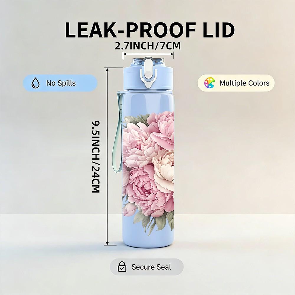 1PC Light Pink Peony Flower Print 750ml Color Plastic Sports Water Bottle Leakproof Flip Straw Lid Suitable for Sports Office Home Use