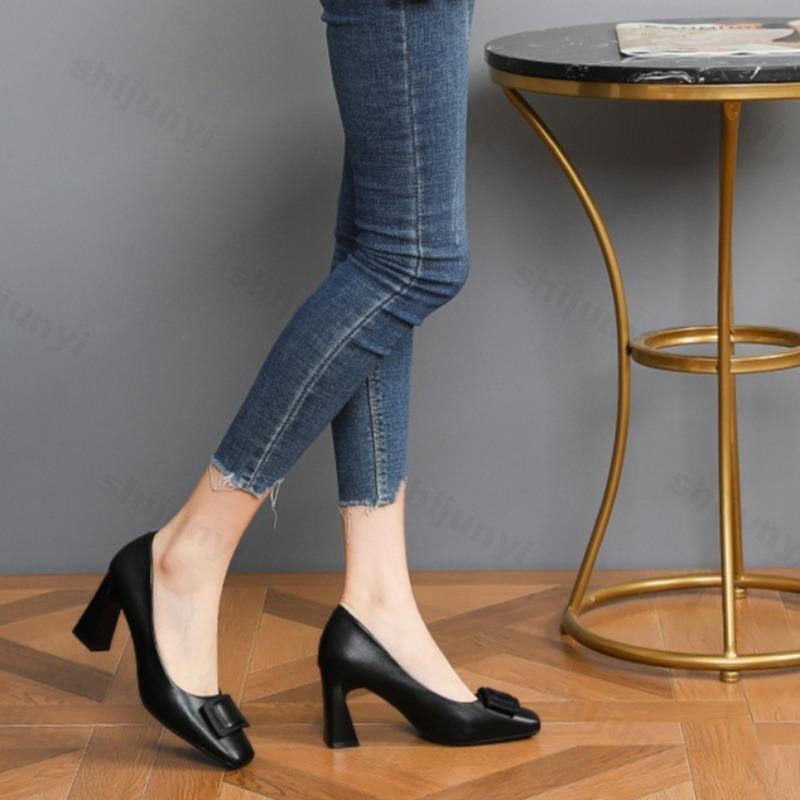 Women Shoes 2026 Autumn New Square Toe Shallow Mouth Fashion High Heels Elegant French Pu Leather Square Heel Zapatos Mujer