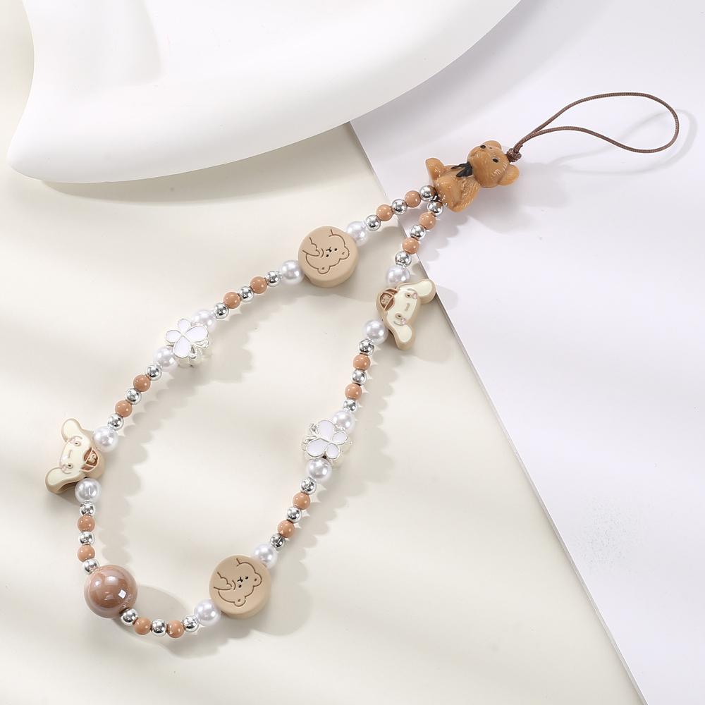 Black Beaded Mobile Phone Charm Ins Stringed Pearls Love Phone Lanyard Short Carrying Strap Drop-Resistant Phone Ornaments