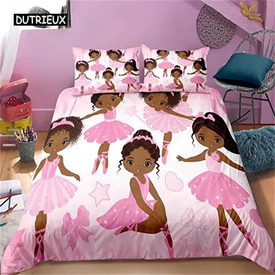 Duvet Cover Girls Pink Princess Ballerina Duvet Cover  African American Black Girl Comforter Cover Cute Little Ballet for Decor