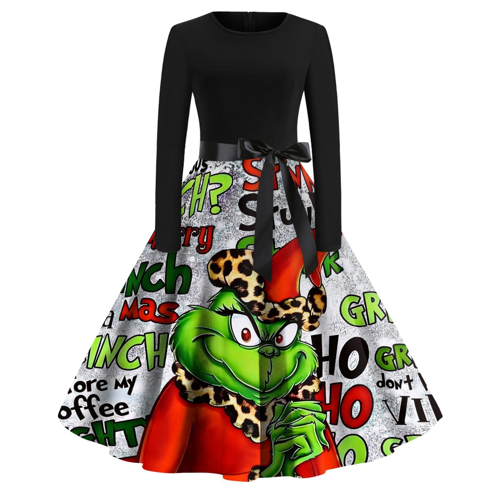 

Женское модное повседневное платье с круглым вырезом и рождественским принтом и длинными рукавами S