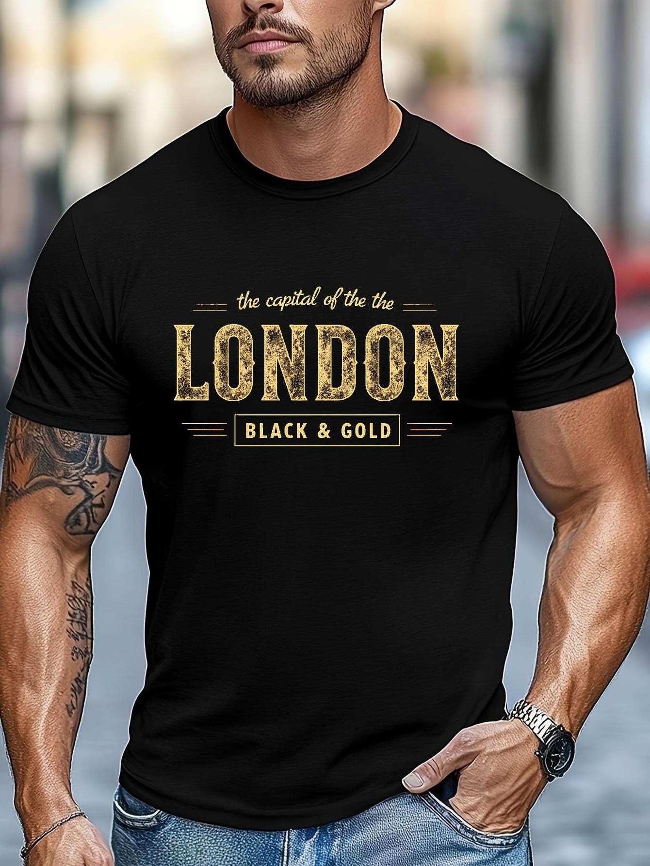 

Black T-shirt - Cotton Blend Regular Fit Tee with London Graphic Print - Breathable Stretch Fabric Shirt for Gym XL