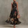 Europe, America, Summer Temperament, Elegant Hollow Stand-up Collar Sleeveless Printed Dress, Waist and Thin A-shaped Big Pendulum Dress