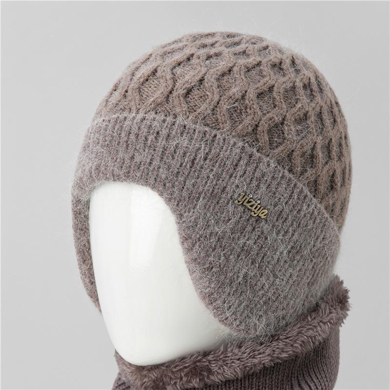 Ji Middle-Aged And Elderly Women'S Basin Hat Grandma Knitted Wool Hat Old Man Hat Rabbit Fur Flower Mother Hat Scarf