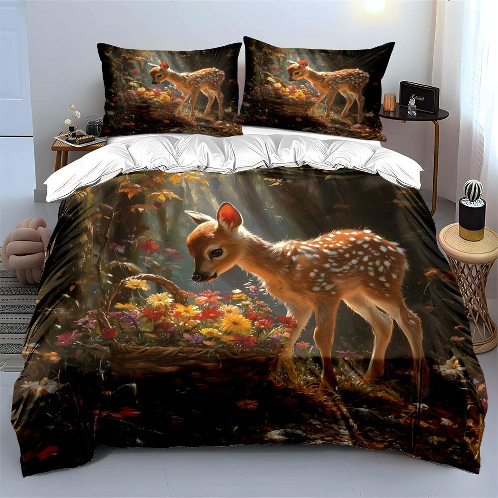 Deer And Floral Forest Decor Soft Comfortable Duvet Cover Bedding Set Included 1*Duvet Cover & 2*Pillowcases, Gift