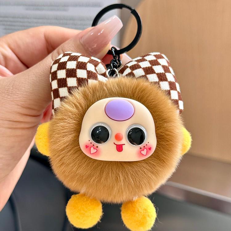 Imitation Rex Rabbit Bowknot Keychain with Coal Ball Pendant - Cute Doll Backpack Charm
