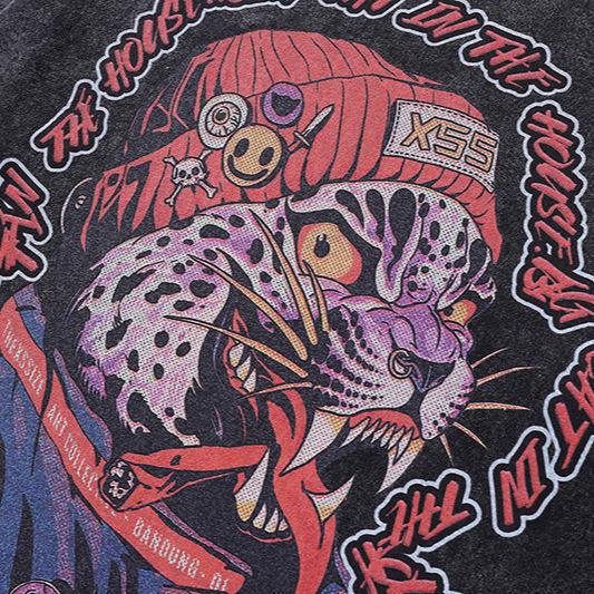 American Hip Hop Cartoon Print Half-Sleeve T-Shirt Men'S Vintage Hip-Hop Loose Short-Sleeved Tee